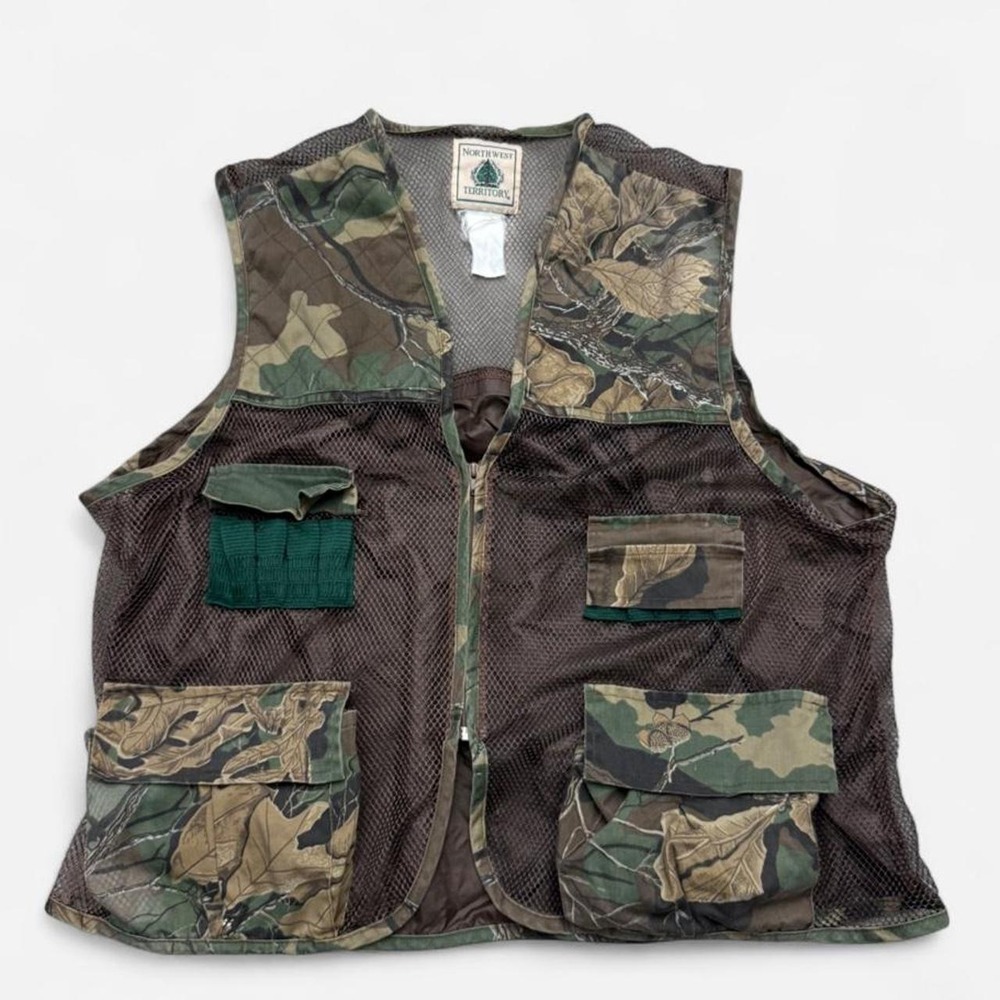 Northwest Territory Vintage Woodland Camo Mesh Hunting Vest Shell Pockets 0801